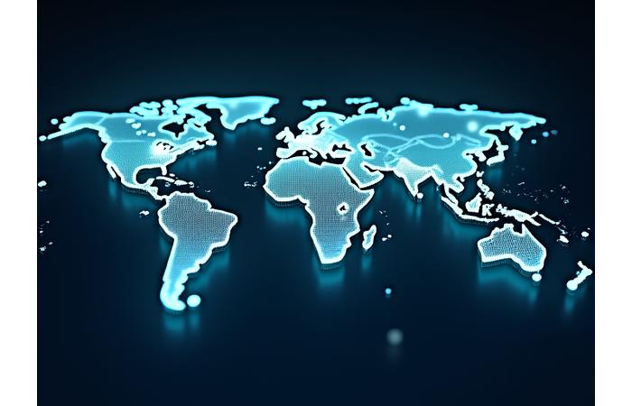 Mapa interactivo mundial con puntos brillantes representando casos de éxito de Nexa Coral en emprendimiento remoto.