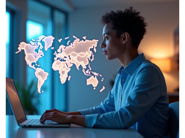 Emprendedor conectado globalmente con un equipo virtual, un mapamundi sutilmente integrado en el fondo mostrando conexiones digitales.