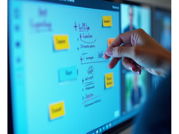Representación de herramientas de colaboración digital y pizarra virtual utilizadas en sesiones de coaching en línea.