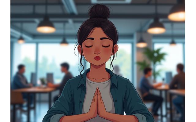Representación visual de un profesional de startup practicando una micro-meditación concentrado, con un entorno digital y de oficina moderno, pero en un estado de calma. Los elementos del entorno son suaves y no distractores.