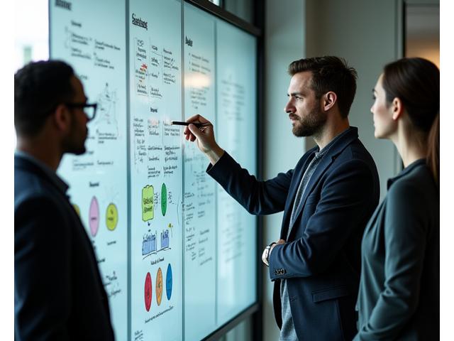 Co-fundadores de una startup resolviendo problemas frente a una pizarra