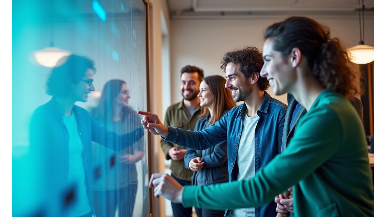 Equipo diverso de profesionales colaborando activamente en un entorno moderno y dinámico.