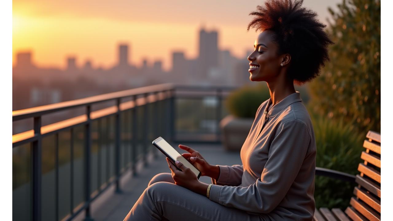 Emprendedor sonriendo y relajado al atardecer, equilibrando trabajo con bienestar personal.