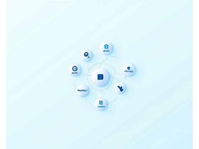 Diagrama de interconexión de iconos de Zoom, Miro, Loom, Clockify y Monday.com, simbolizando un ecosistema de herramientas para equipos remotos.