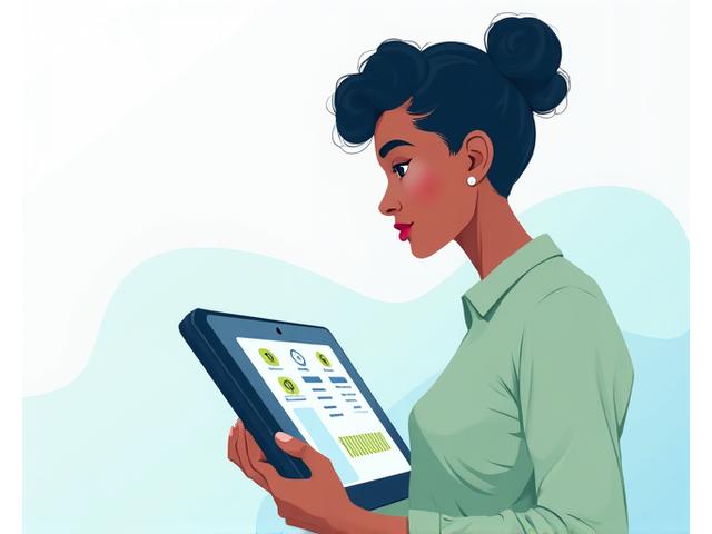Ilustración de persona completando un quiz de evaluación de productividad en una tablet.