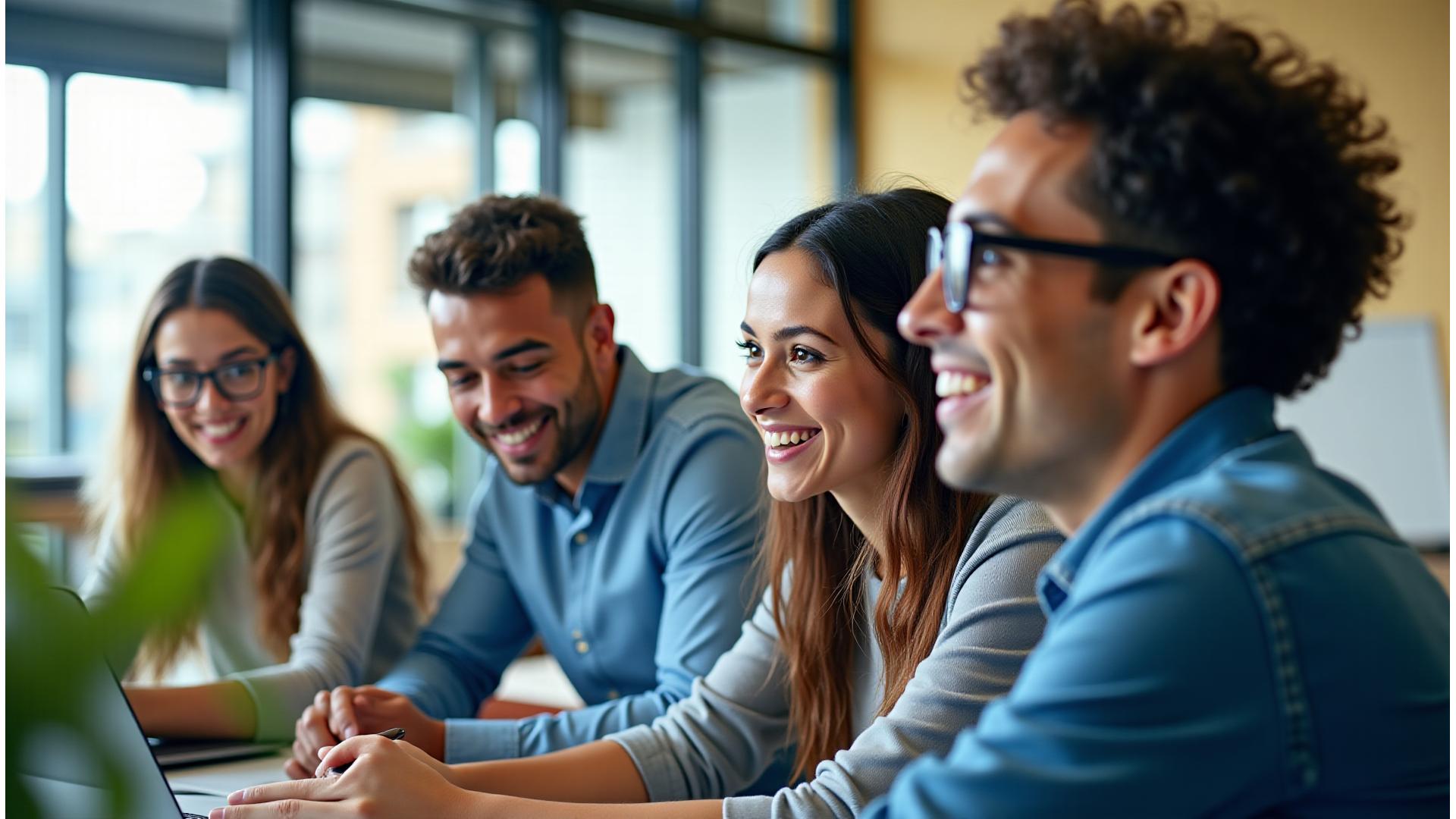 Equipo de startup joven y diverso de Bogotá colaborando energéticamente en una oficina moderna y luminosa, simbolizando innovación y crecimiento emprendedor.