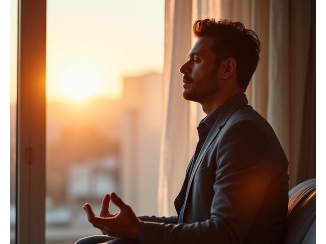 Líder meditando pacíficamente durante su rutina matutina, con los primeros rayos de sol iluminando su rostro concentrado.