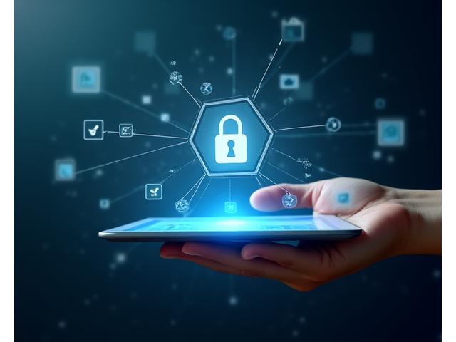 Mano sosteniendo una tableta digital con un icono de un candado y un documento, simbolizando la seguridad y la confidencialidad de los datos en Nexa Coral, con un fondo abstracto de formas conectadas que representa la protección de la información.
