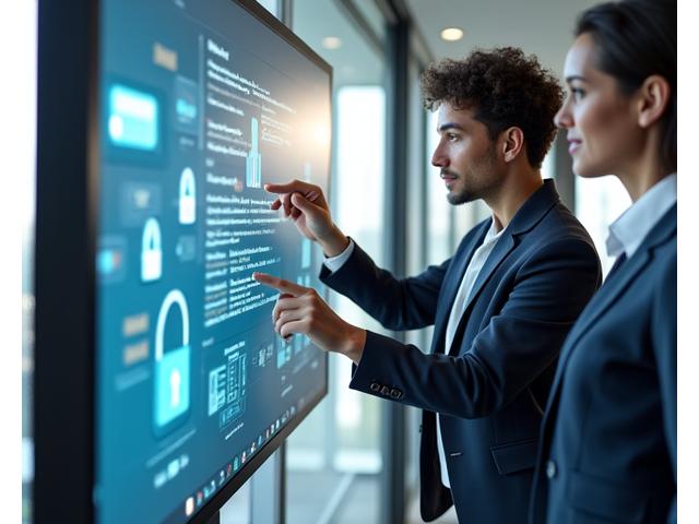 Dos personas colaborando en una oficina moderna, una señalando un documento digital en una pantalla, con íconos de comunicación segura y engranajes que simbolizan la mejora continua en la gestión de la privacidad.
