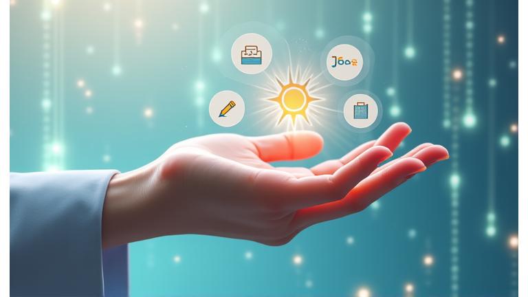 Una mano señalando íconos flotantes que representan derechos de datos como acceso, rectificación, eliminación y portabilidad, con un fondo digital abstracto que sugiere control y empoderamiento del usuario sobre su información.