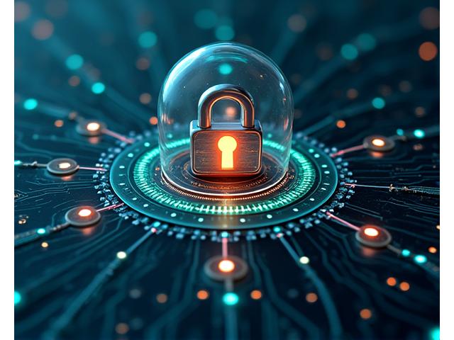 Una red de seguridad digital interconectada con nodos brillantes y un candado icónico en el centro, simbolizando las robustas medidas de protección técnica y administrativa que Nexa Coral implementa para salvaguardar los datos personales.