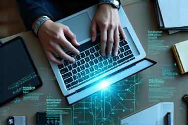 Persona trabajando en un escritorio con múltiples dispositivos, con gráficos y datos flotando alrededor de forma estilizada, representando la gestión eficiente y segura de la información en un entorno de coaching digital.