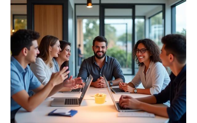 Equipo de coaches de Nexa Coral en una reunión de estrategia, sonriendo y colaborando en una oficina moderna y luminosa tipo coworking