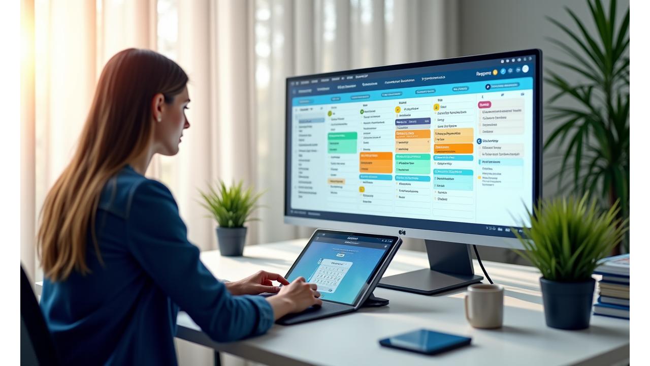 Vista de un calendario digital organizado con bloques de tiempo definidos para diferentes tareas y una persona enfocada trabajando en una laptop.